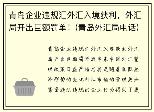 青岛企业违规汇外汇入境获利，外汇局开出巨额罚单！(青岛外汇局电话)