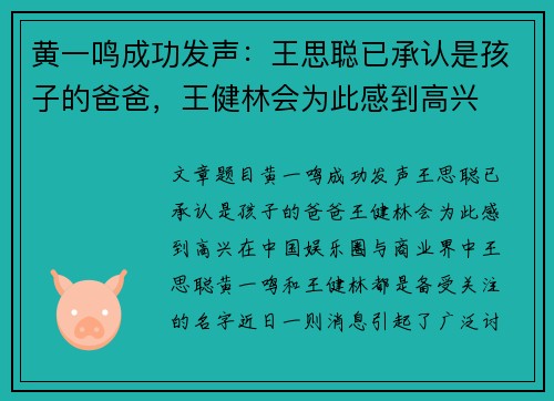 黄一鸣成功发声:王思聪已承认是孩子的爸爸,王健林会为此感到高兴