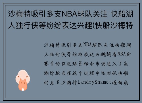沙梅特吸引多支NBA球队关注 快船湖人独行侠等纷纷表达兴趣(快船沙梅特女友)