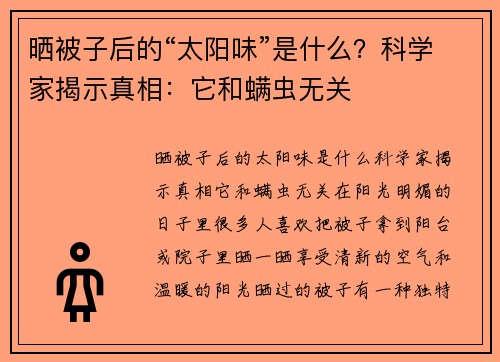 晒被子后的“太阳味”是什么？科学家揭示真相：它和螨虫无关
