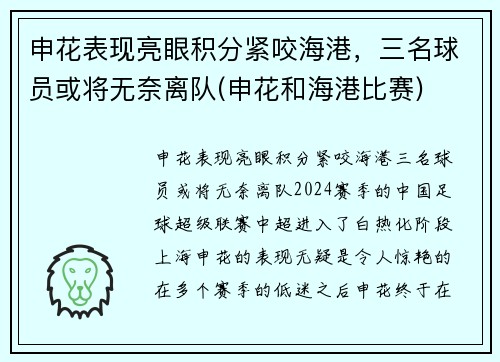 申花表现亮眼积分紧咬海港，三名球员或将无奈离队(申花和海港比赛)